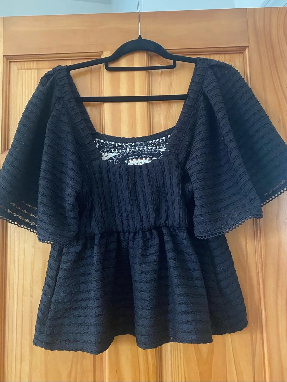 Anthropologie Sarah Hann NWT Embroidered Peplum Top Black Flutter Sleeve SP
